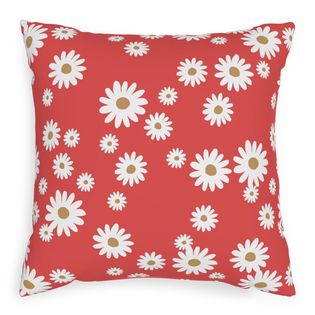 Vintage Daisies - White on Red Pillow, Woven, Beige, 20x20, Single Sided, Red, Red