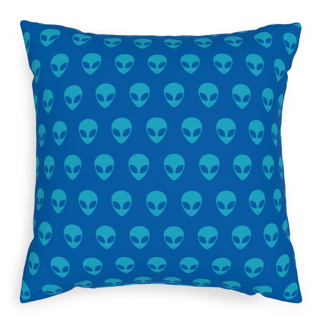 Retro Alien Heads Pillow, Woven, Beige, 20x20, Single Sided, Blue