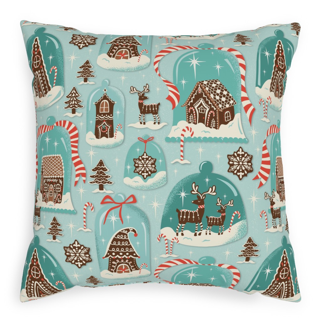 Christmas Gingerbread Village - Aqua Pillow, Woven, Beige, 20x20, Single Sided, Blue