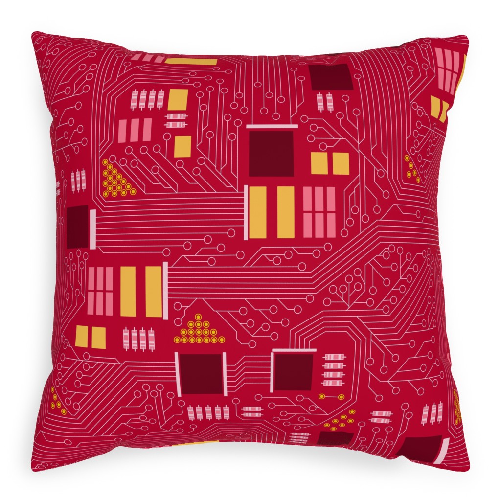 Motherboard Computer Science Pillow, Woven, Beige, 20x20, Single Sided, Red