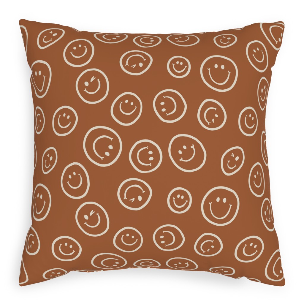 Smiley Winking Faces Pillow, Woven, Beige, 20x20, Single Sided, Brown, Burnt Sienna