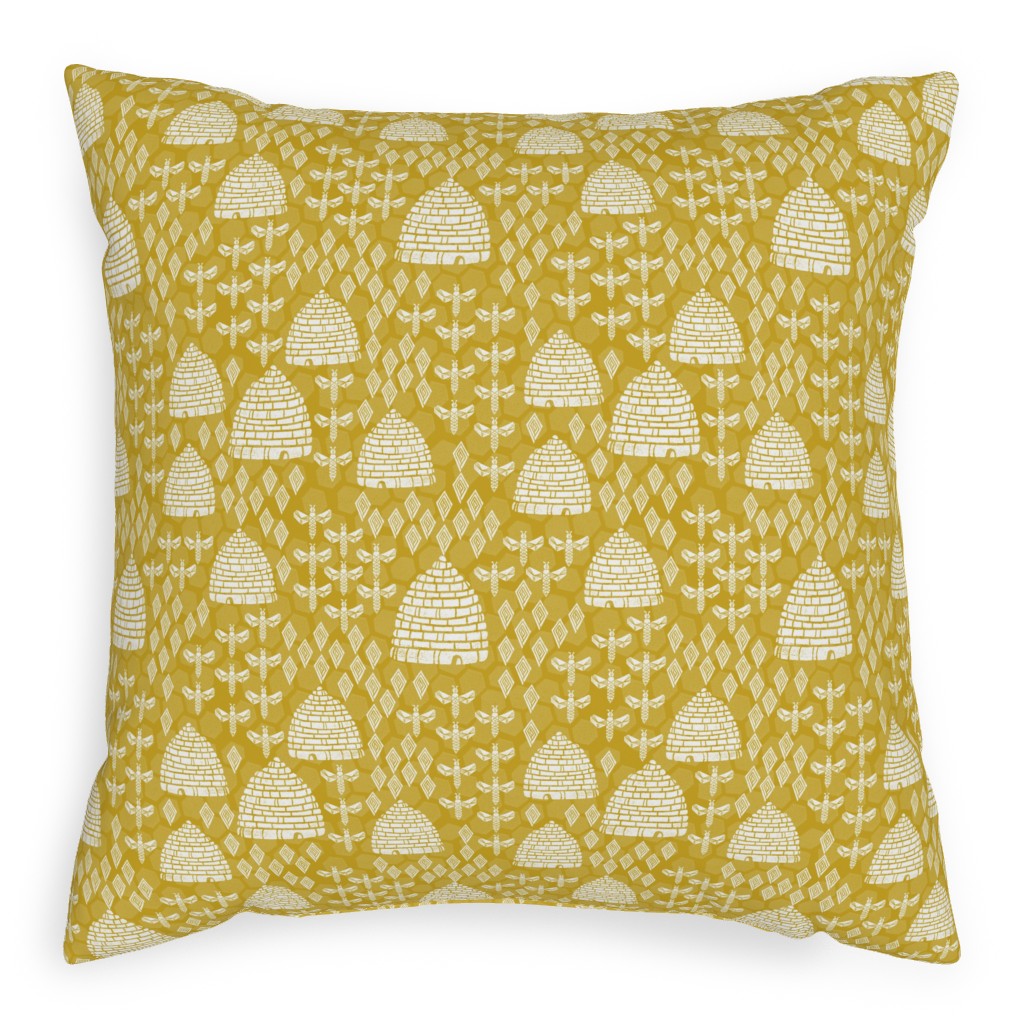 Bee Hives, Spring Florals Linocut Block Printed - Golden Yellow Pillow, Woven, Beige, 20x20, Single Sided, Yellow