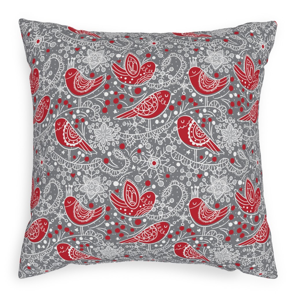 Winter Frost Lace - Gray and Red Pillow, Woven, Beige, 20x20, Single Sided, Red, Red
