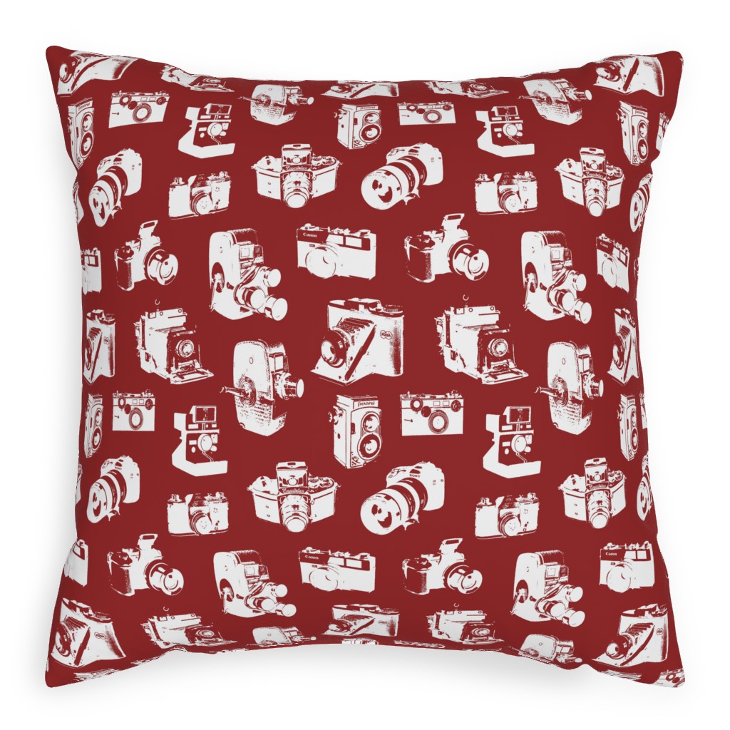 Retro Cameras Pillow, Woven, Beige, 20x20, Single Sided, Red