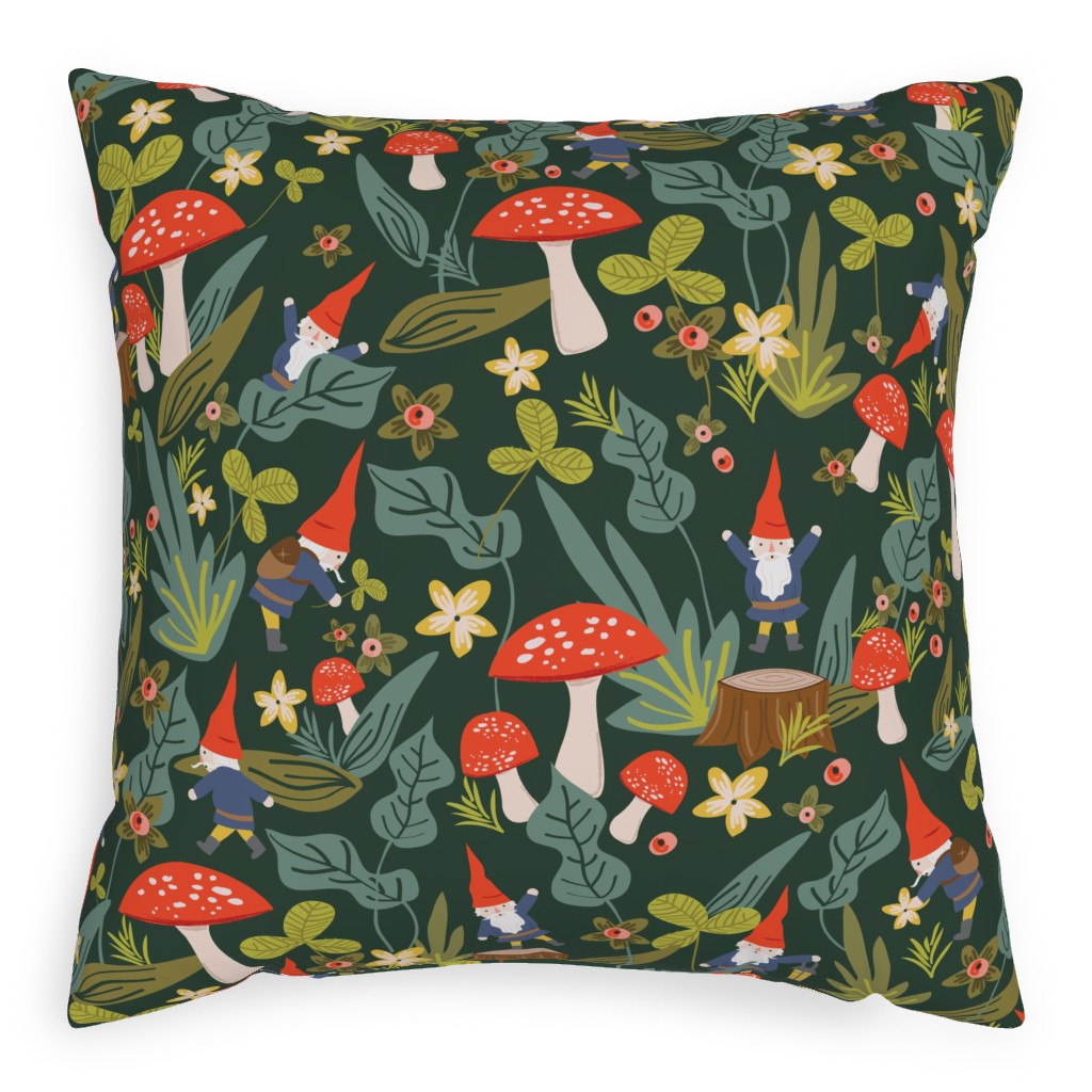 Woodland Gnomes & Mushrooms - Green Pillow, Woven, Beige, 20x20, Single Sided, Green