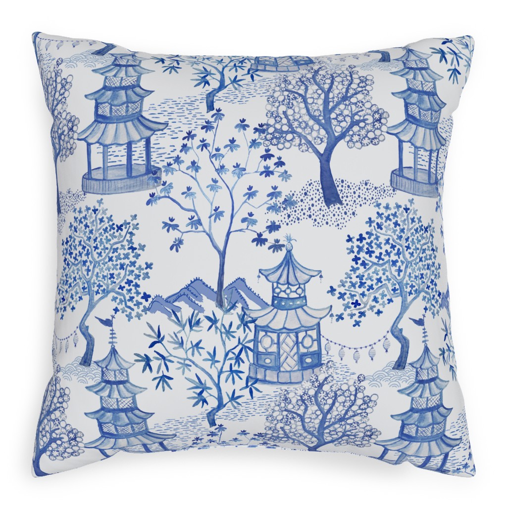 Pagoda Forest in Blues Pillow, Woven, Beige, 20x20, Single Sided, Blue, True Blue