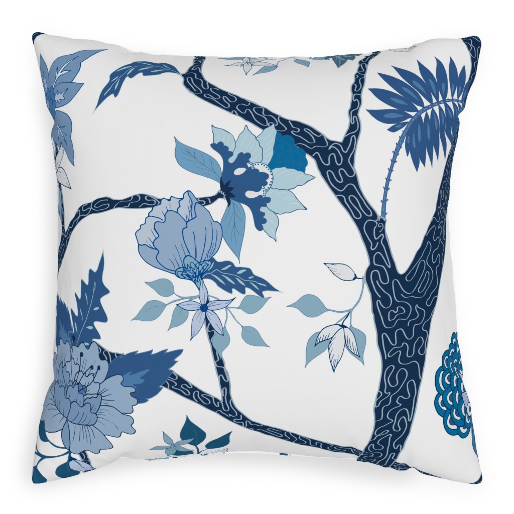 Peony Branch Mural Pillow, Woven, Beige, 20x20, Single Sided, Blue