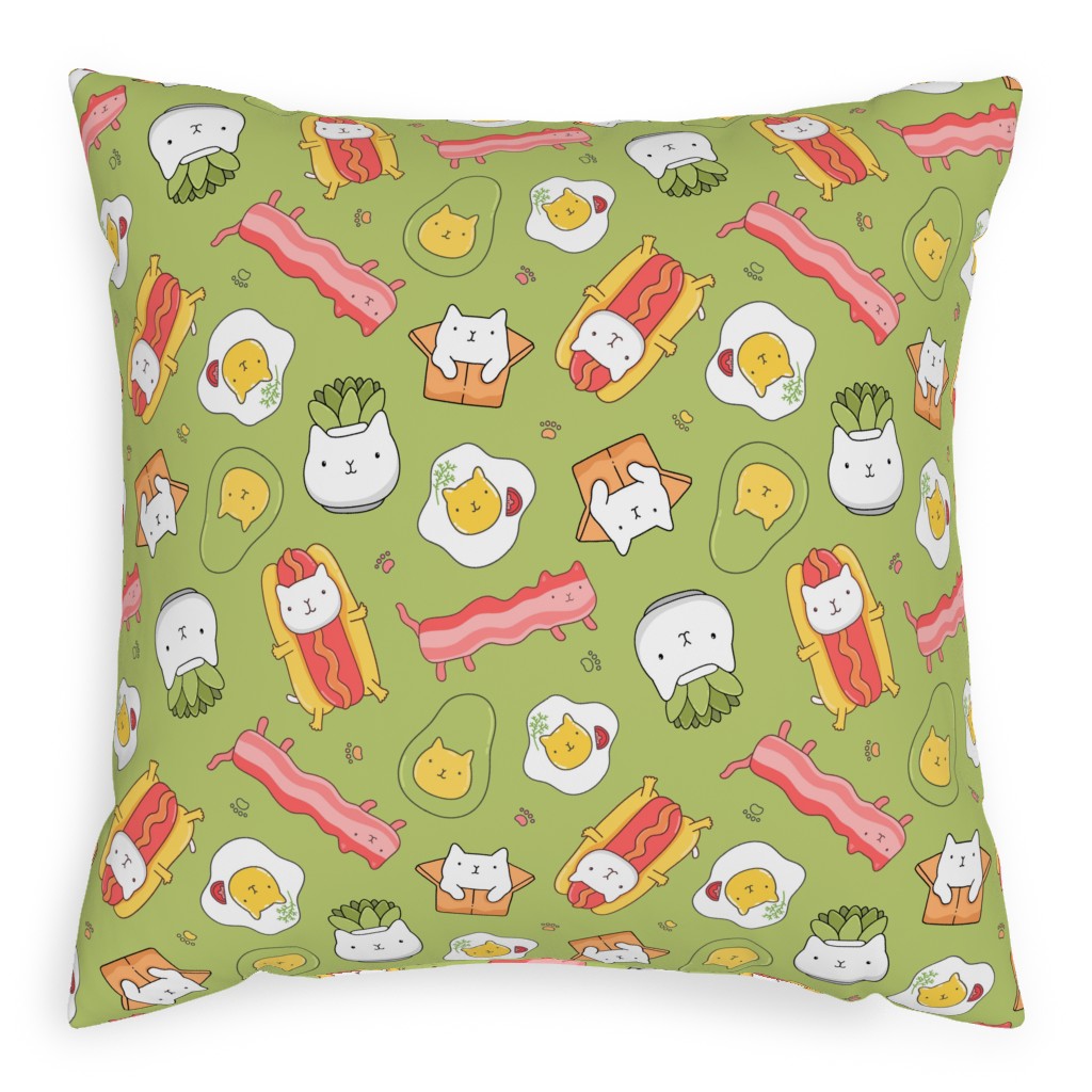 Cats and Foods Pillow, Woven, Beige, 20x20, Single Sided, Green, Key Lime