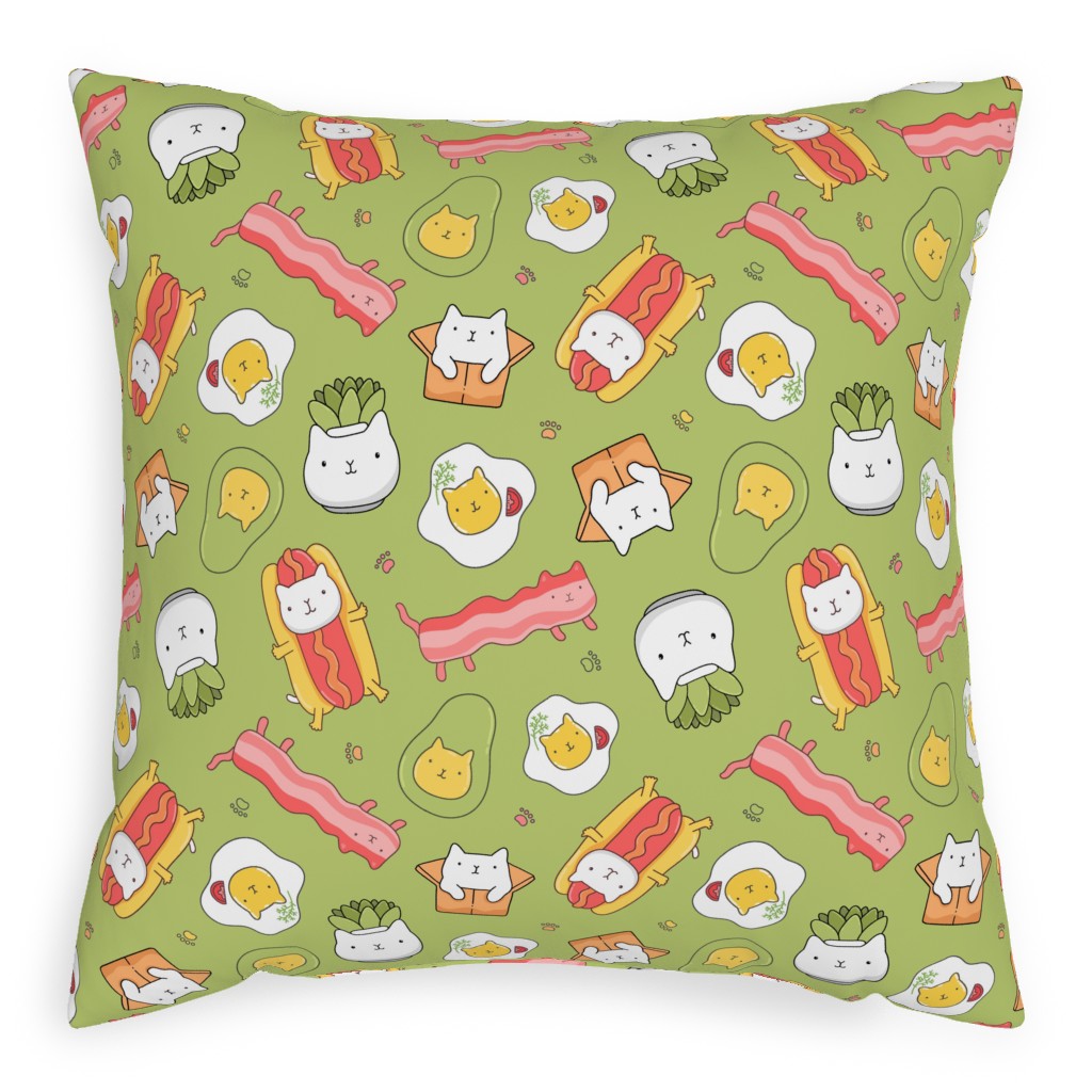 Cats and Foods Pillow, Woven, Beige, 20x20, Single Sided, Green