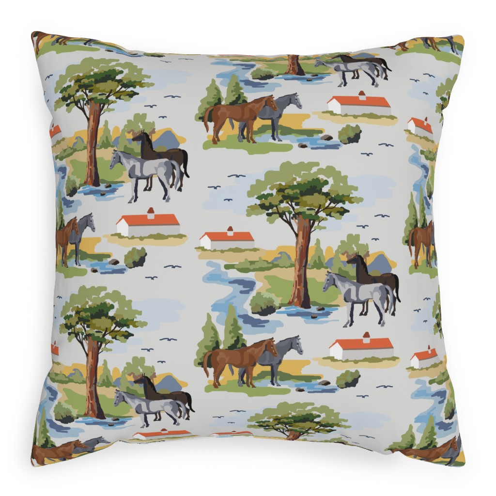 Horses and a Meadow - Multicolor Pillow, Woven, Beige, 20x20, Single Sided, Multicolor