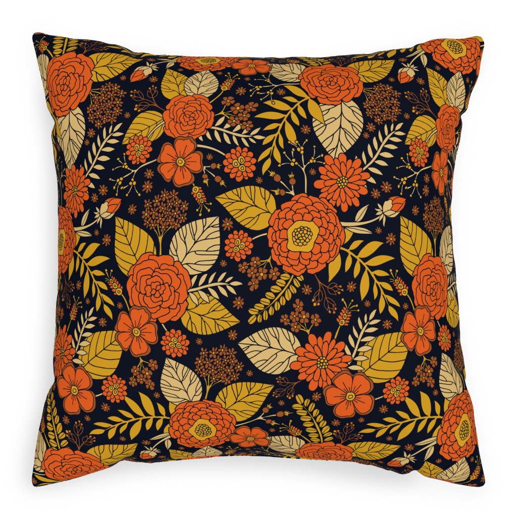 Retro Floral - Orange Brown and Yellow Pillow, Woven, Beige, 20x20, Single Sided, Orange, Orange