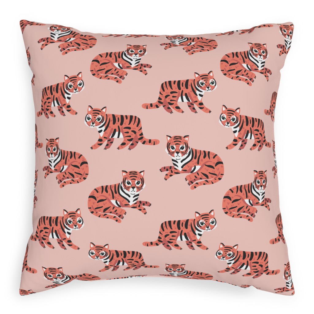 Jungle Tigers - Blush and Coral Pillow, Woven, Beige, 20x20, Single Sided, Pink