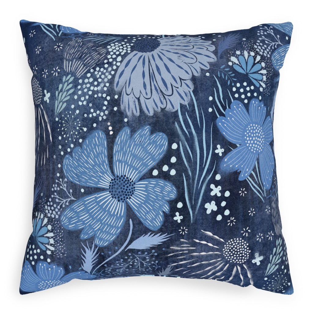Shibori Flower Abundance - Blue Pillow, Woven, Beige, 20x20, Single Sided, Blue