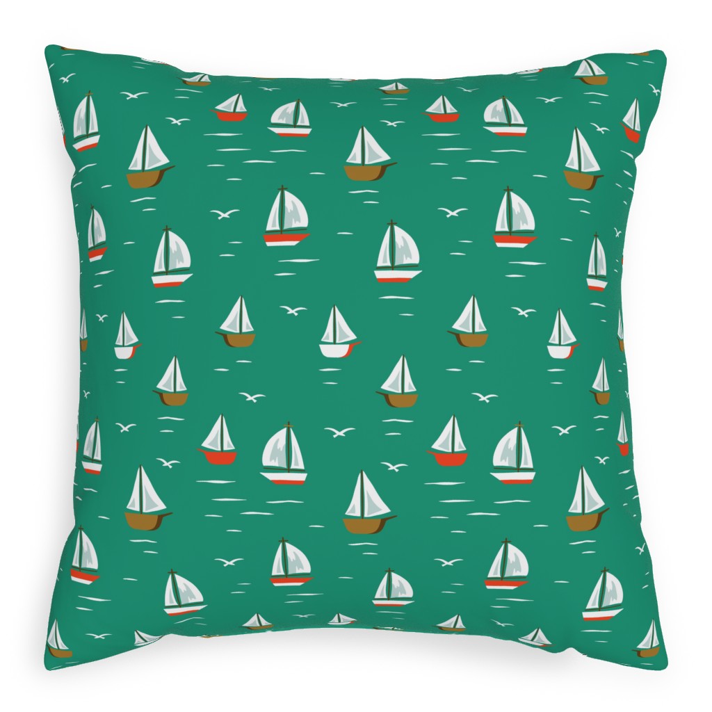 Sailboats Pillow, Woven, Beige, 20x20, Single Sided, Green, Celadon