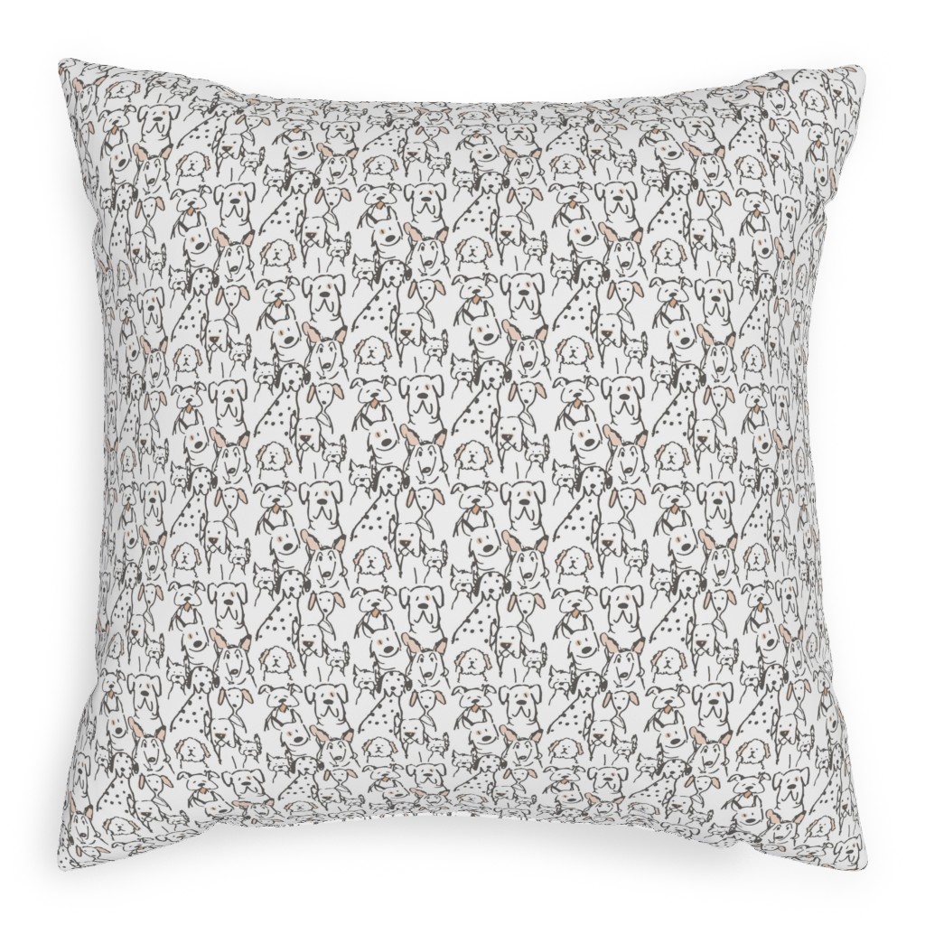 Peach Pop Doodle Dogs - Black and White Pillow, Woven, Beige, 20x20, Single Sided, White, White