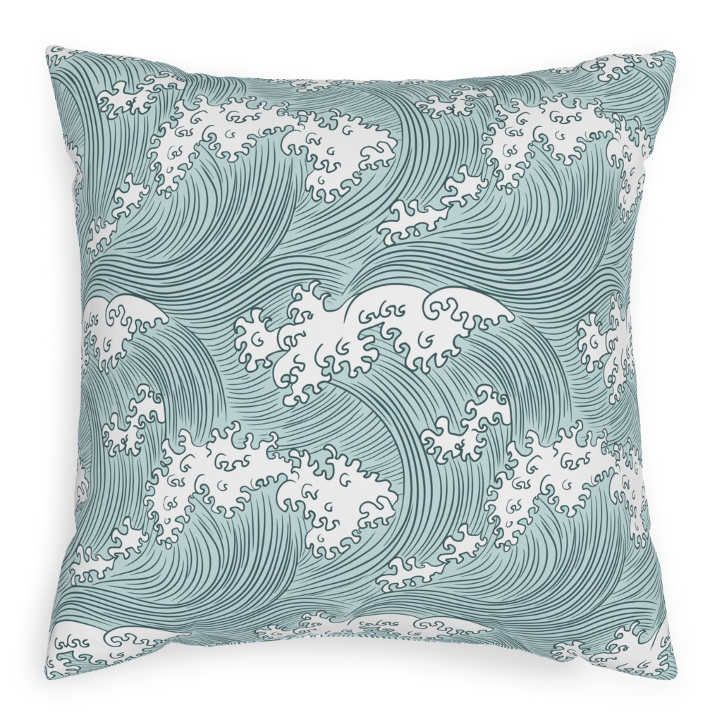 Japanese Waves Pillow, Woven, Beige, 20x20, Single Sided, Blue, True Blue