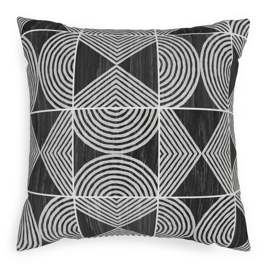 Boho Tribal Woodcut Geometric Shapes Pillow, Woven, Beige, 20x20, Single Sided, Black, Coal