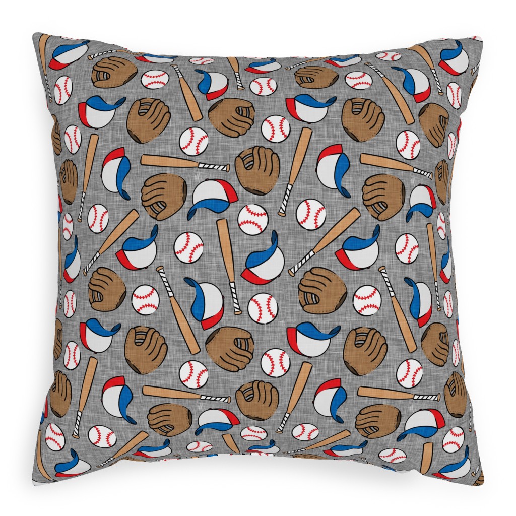 Baseball Bats Mits and Balls Pillow, Woven, Beige, 20x20, Single Sided, Multicolor, Cement