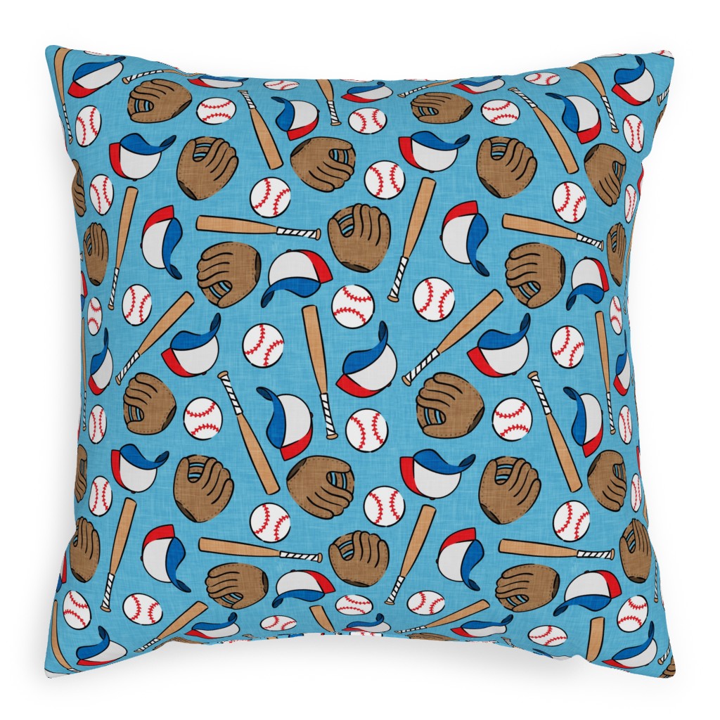 Baseball Bats Mits and Balls Pillow, Woven, Beige, 20x20, Single Sided, Blue, Waterfall