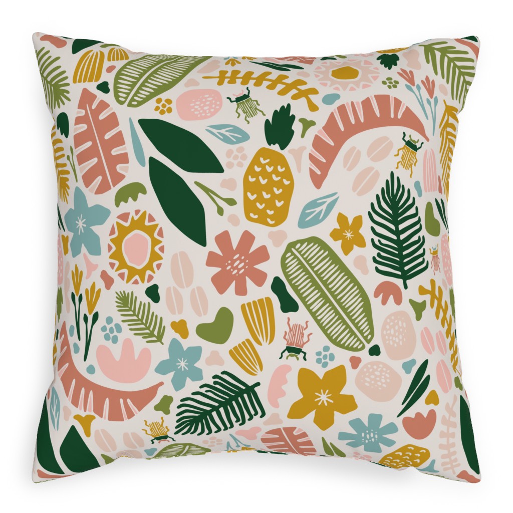 Tropical Adventure Woodcut - Multi Pillow, Woven, Beige, 20x20, Single Sided, Multicolor