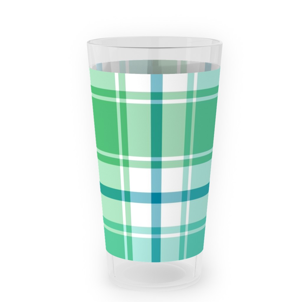 Blue, Green, Turquoise, and White Plaid Outdoor Pint Glass, Green