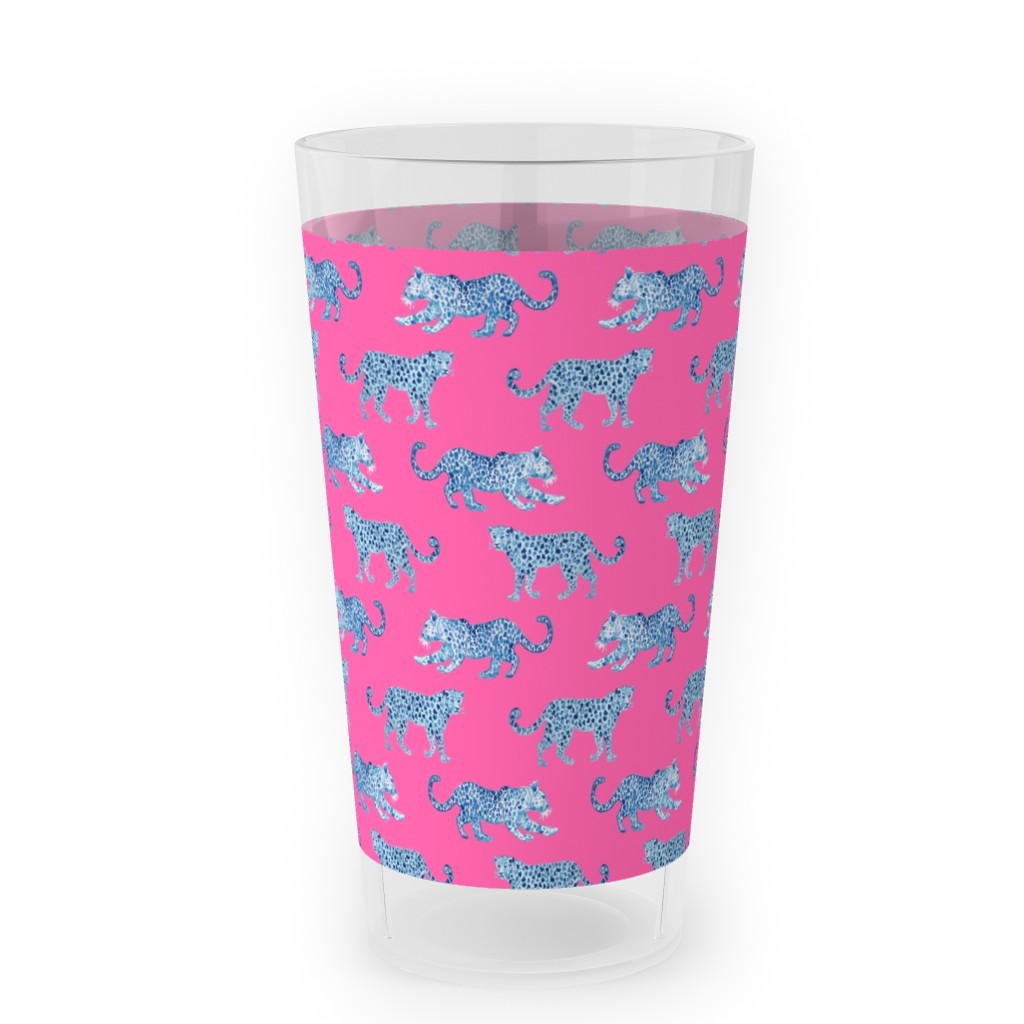 Tiny Leopard Parade - Blue on Hot Pink Outdoor Pint Glass, Pink