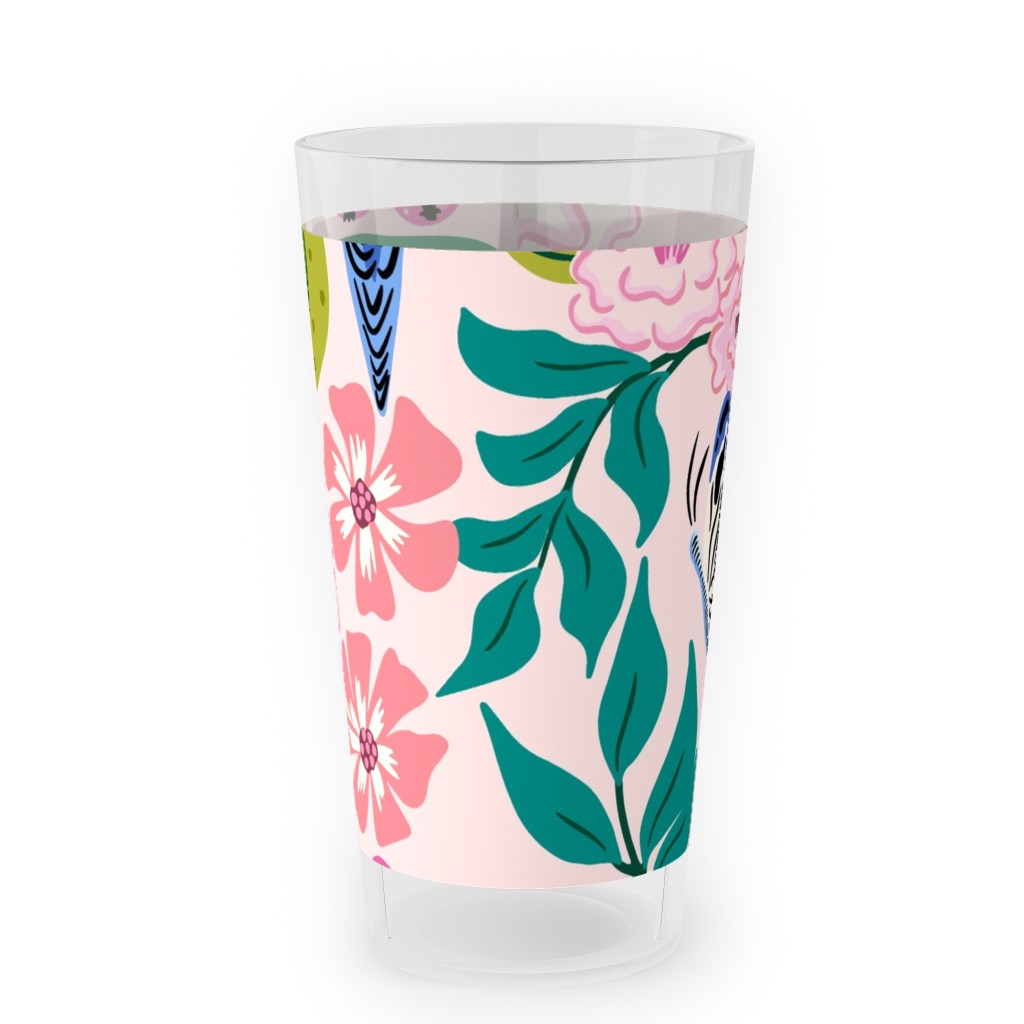 Budgies and Butterflies - Pink and Green Outdoor Pint Glass, Pink