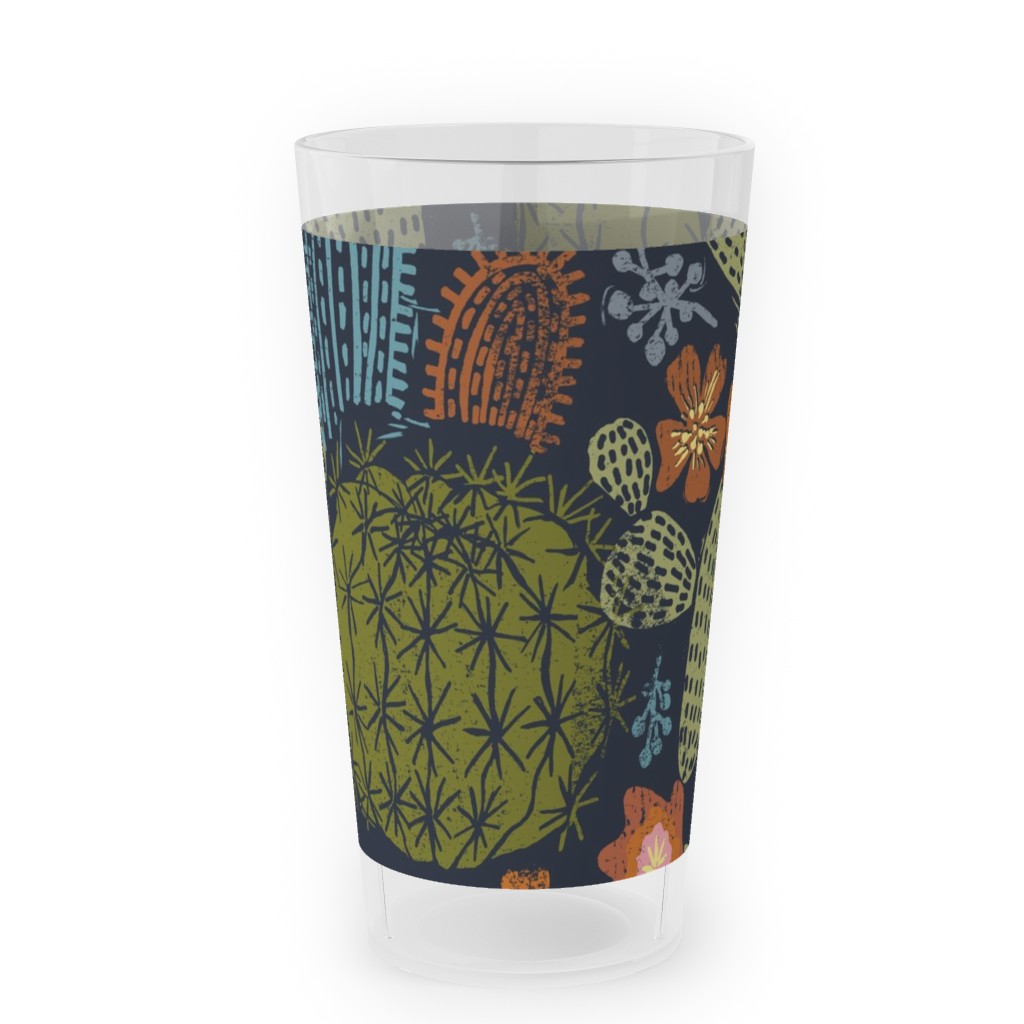 Cactus Garden - Block Print Style - Dark Outdoor Pint Glass, Green