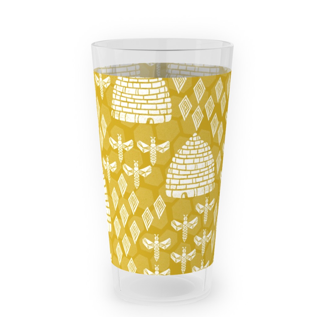 Bee Hives, Spring Florals Linocut Block Printed - Golden Yellow Outdoor Pint Glass, Yellow