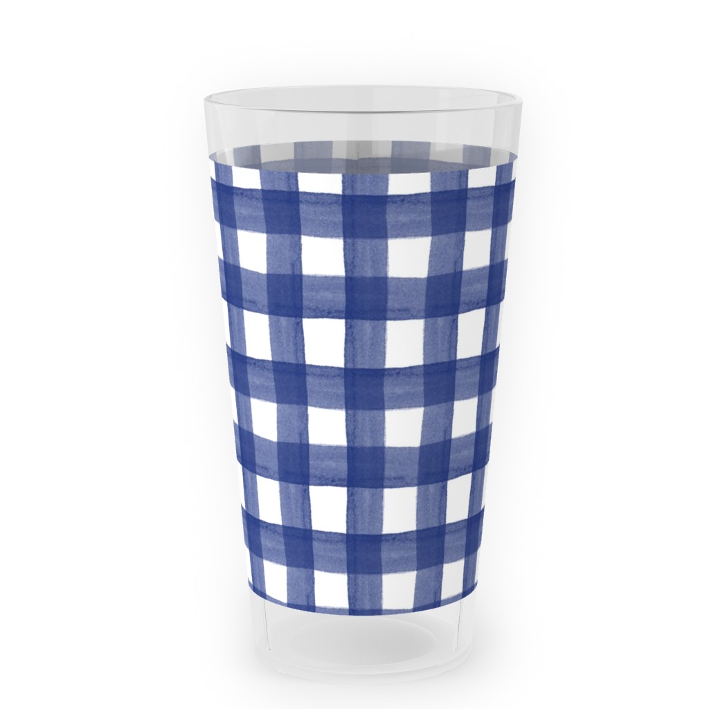 Watercolor Gingham - Navy Blue Outdoor Pint Glass, Blue