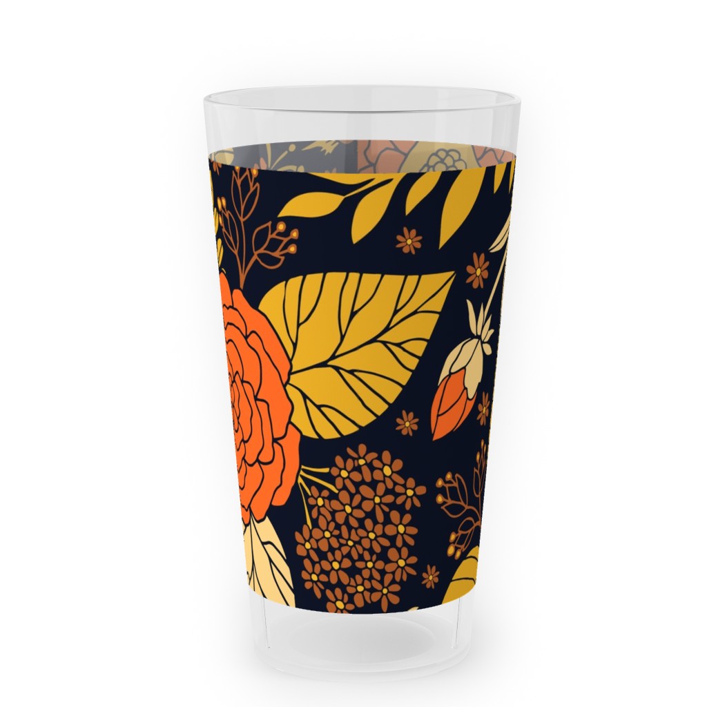 Retro Floral - Orange Brown and Yellow Outdoor Pint Glass, Orange