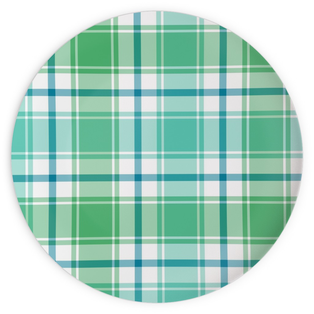 Blue, Green, Turquoise, and White Plaid Plates, 10x10, Green