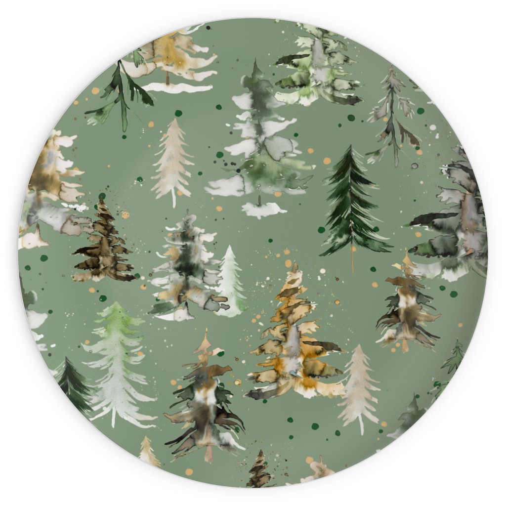 Watercolor Pines and Spruces Christmas - Green Plates, 10x10, Green