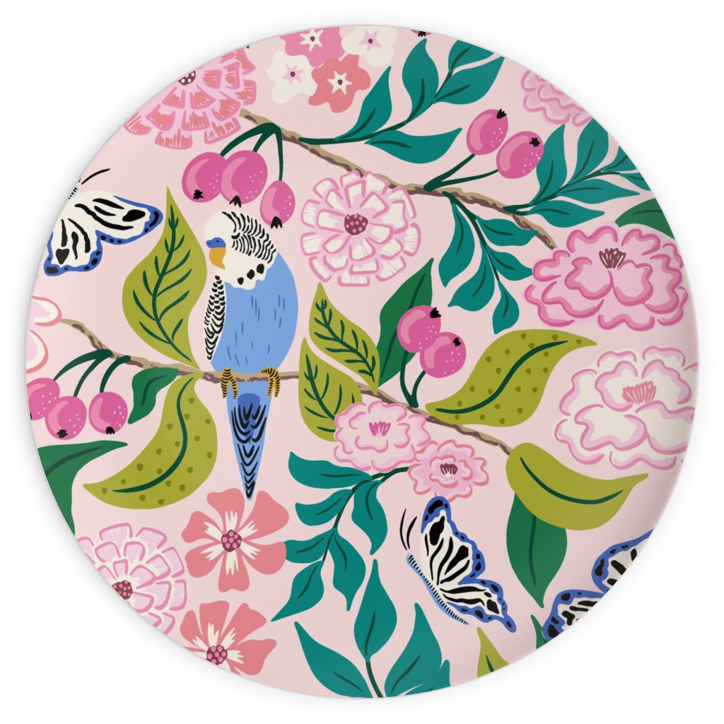 Budgies and Butterflies - Pink and Green Plates, 10x10, Pink