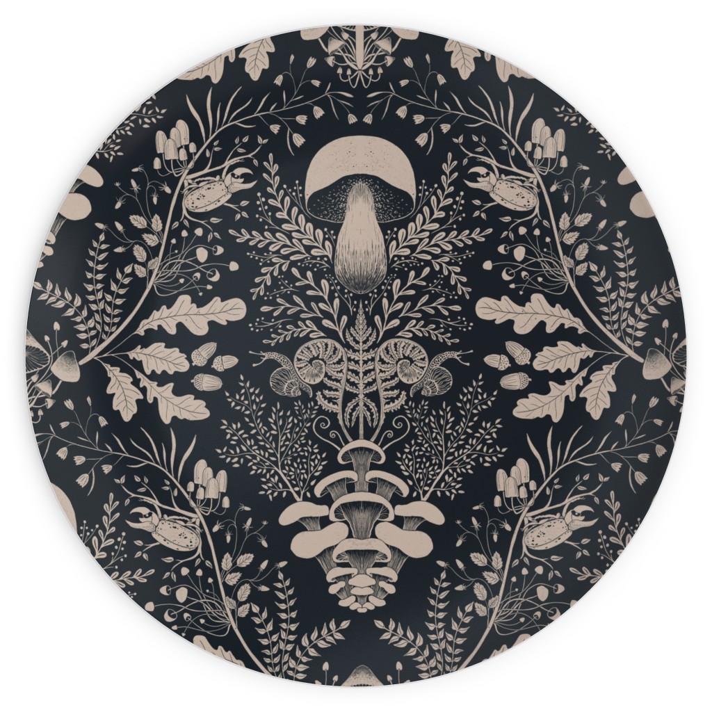 Mushroom Forest Damask - Dark Plates, 10x10, Black