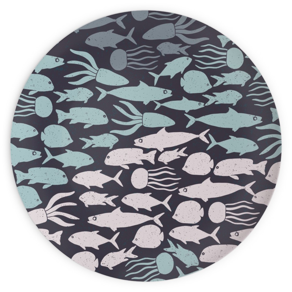 Fish School in Gray Aqua Dark Background Plates, 10x10, Blue