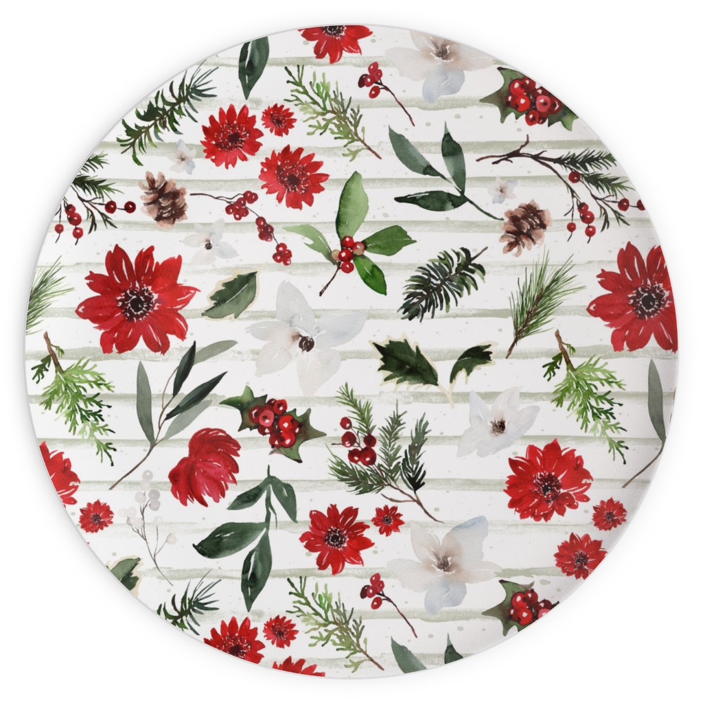 Jolly Christmas Florals - Mint Sage Stripes Plates, 10x10, Multicolor