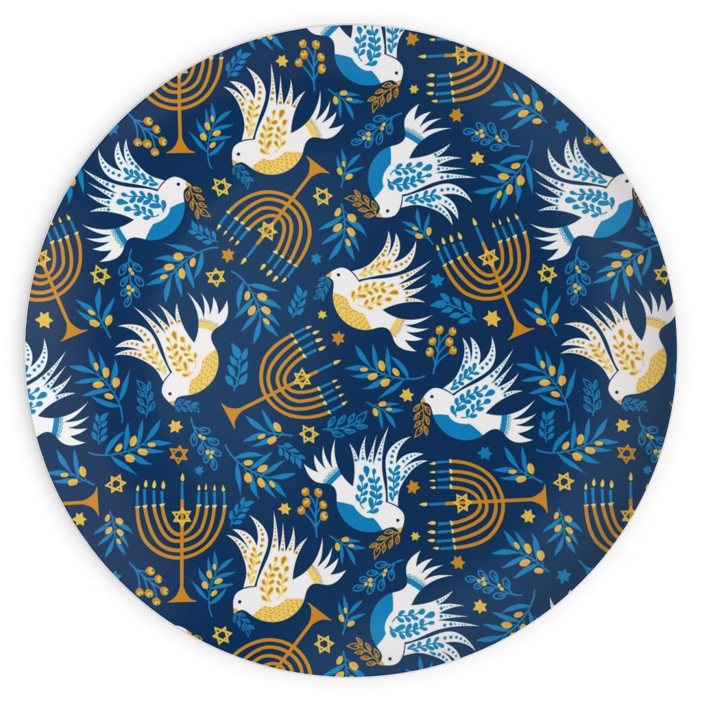 Hanukkah Birds and Menorahs - Dark Blue Plates, 10x10, Blue