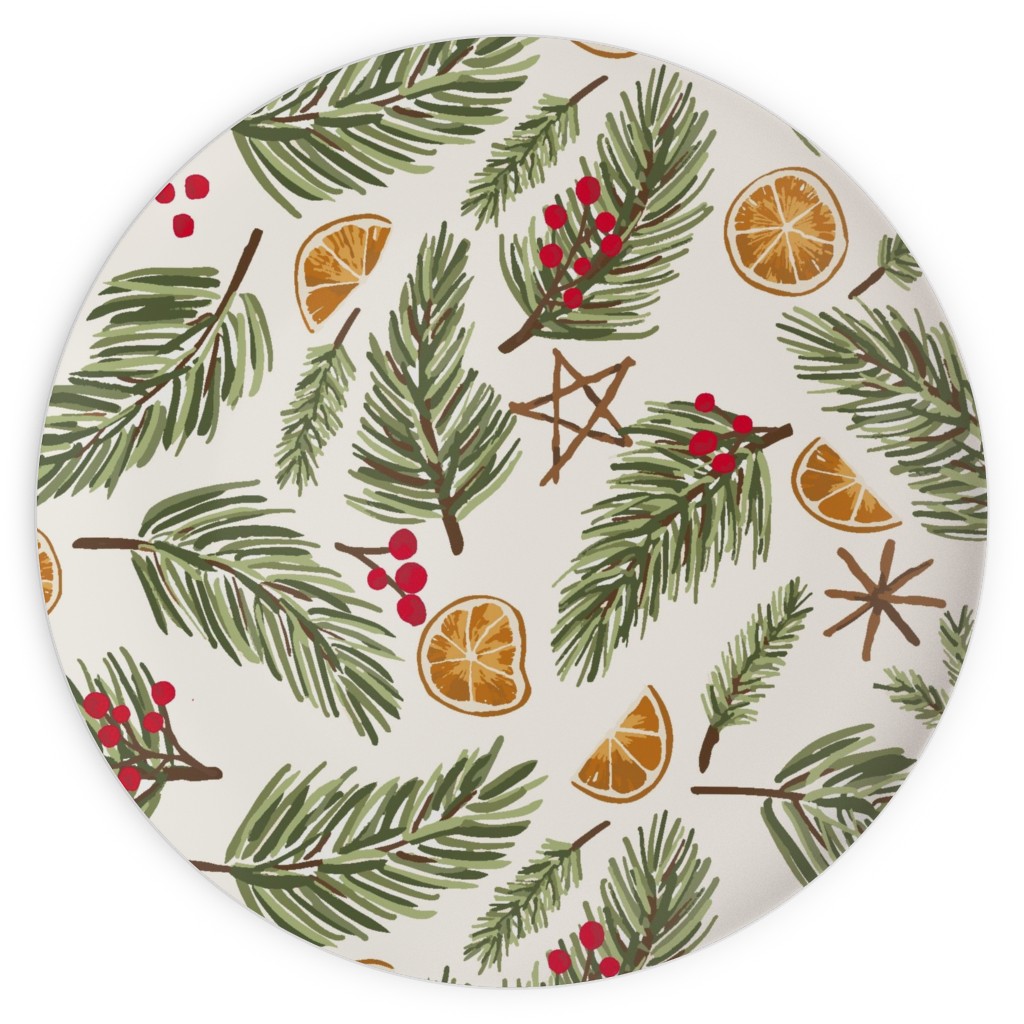 Festive Christmas Pine Sprigs and Orange Slices Plates, 10x10, Multicolor