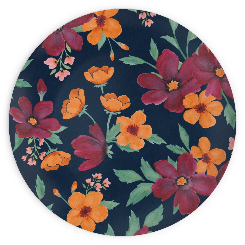 Watercolor Autumn Florals - Navy Plates, 10x10, Multicolor