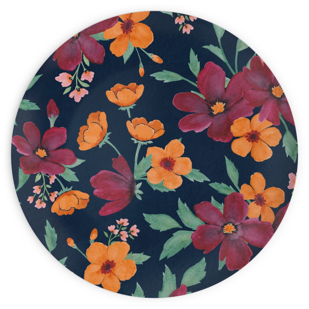 Watercolor Autumn Florals - Navy Plates, 10x10, Multicolor