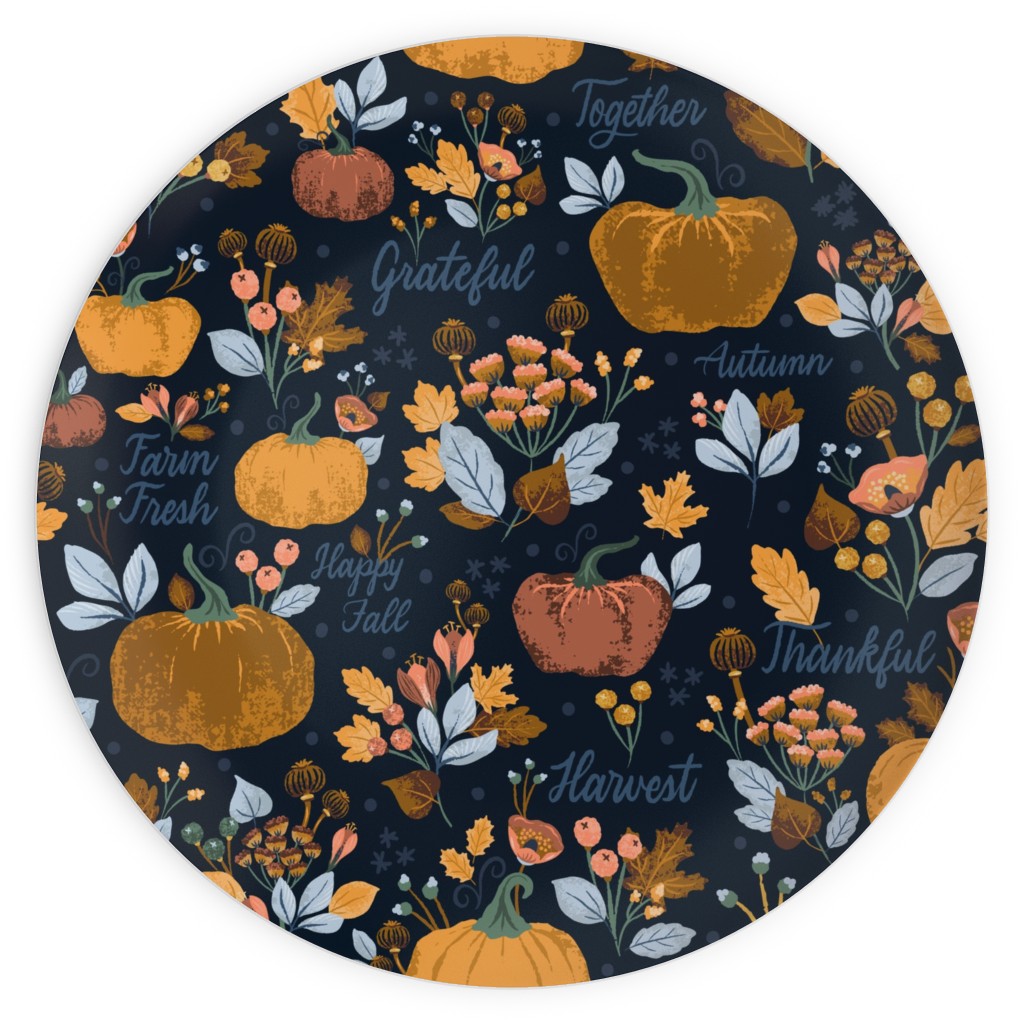 Smaller Scale Elegant Navy Fall Floral - Harvest Gratitude + Cozy Petal Solids Plates, 10x10, Orange