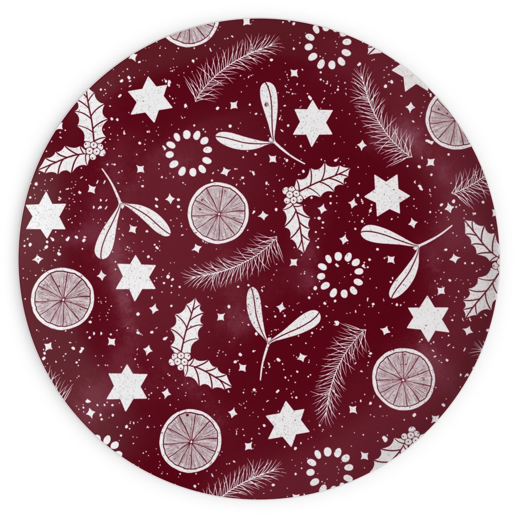 Festive Christmas Print Stars, Mistletoe, Orange, Holly and Pine Branch on Burgundy Plates, 10x10, Red