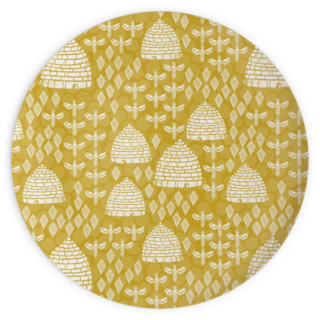 Bee Hives, Spring Florals Linocut Block Printed - Golden Yellow Plates, 10x10, Yellow