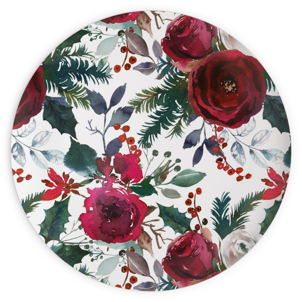Holiday Florals Red on White Plates, 10x10, Multicolor