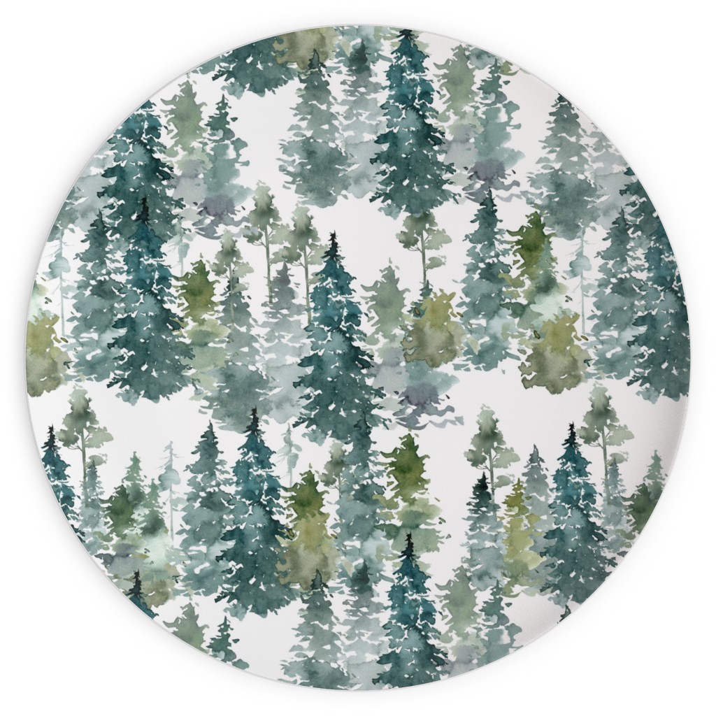 Woodland Trees Watercolor - White Plates, 10x10, Green