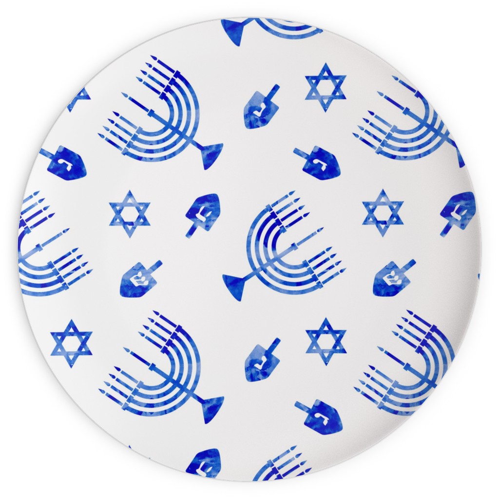 Watercolor Hanukkah Menorah, Dreidel, Star of David - Blue Plates, 10x10, Blue