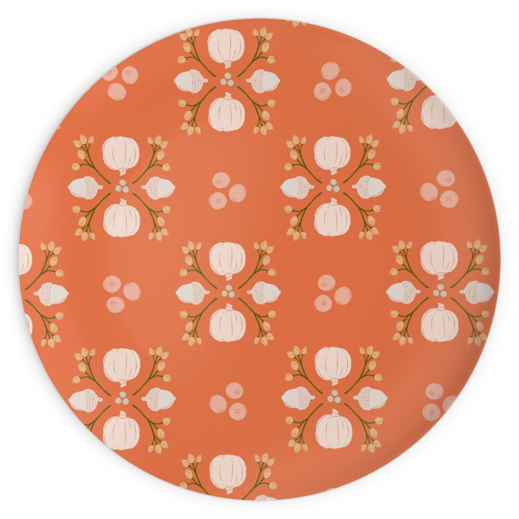 Bright Orange Acorn, Cranberry, & Pumpkin Fall Foliage Damask Plates, 10x10, Orange