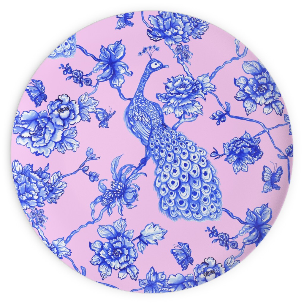 Chinoiserie Peacock Floral Plates, 10x10, Pink, Bright Pink