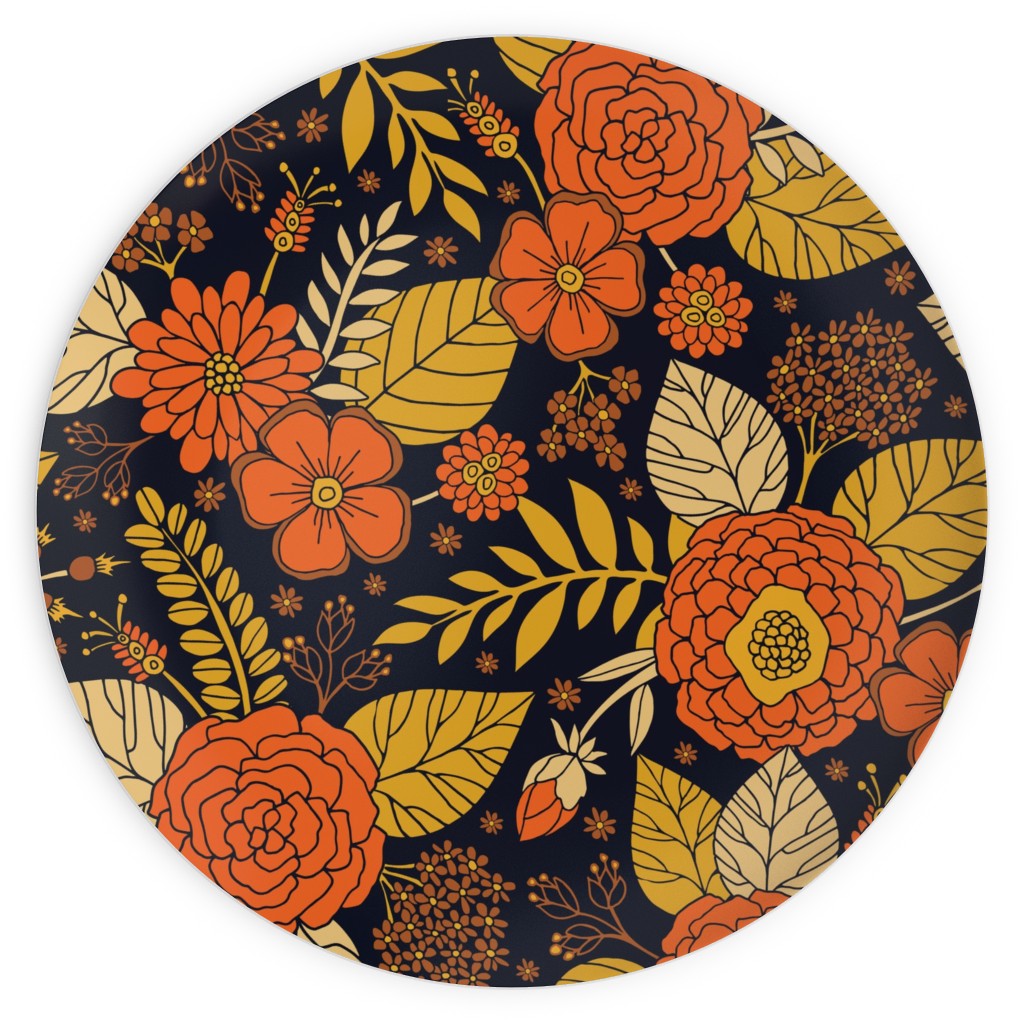 Retro Floral - Orange Brown and Yellow Plates, 10x10, Orange